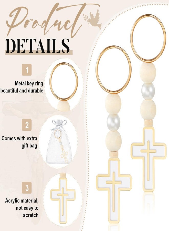 Quelay 50 Sets First Holy Communion Favors Rosary Beads with Cross Crucifix Keychain White Organza Bag Christening Baptism Gifts (White) - Image 3